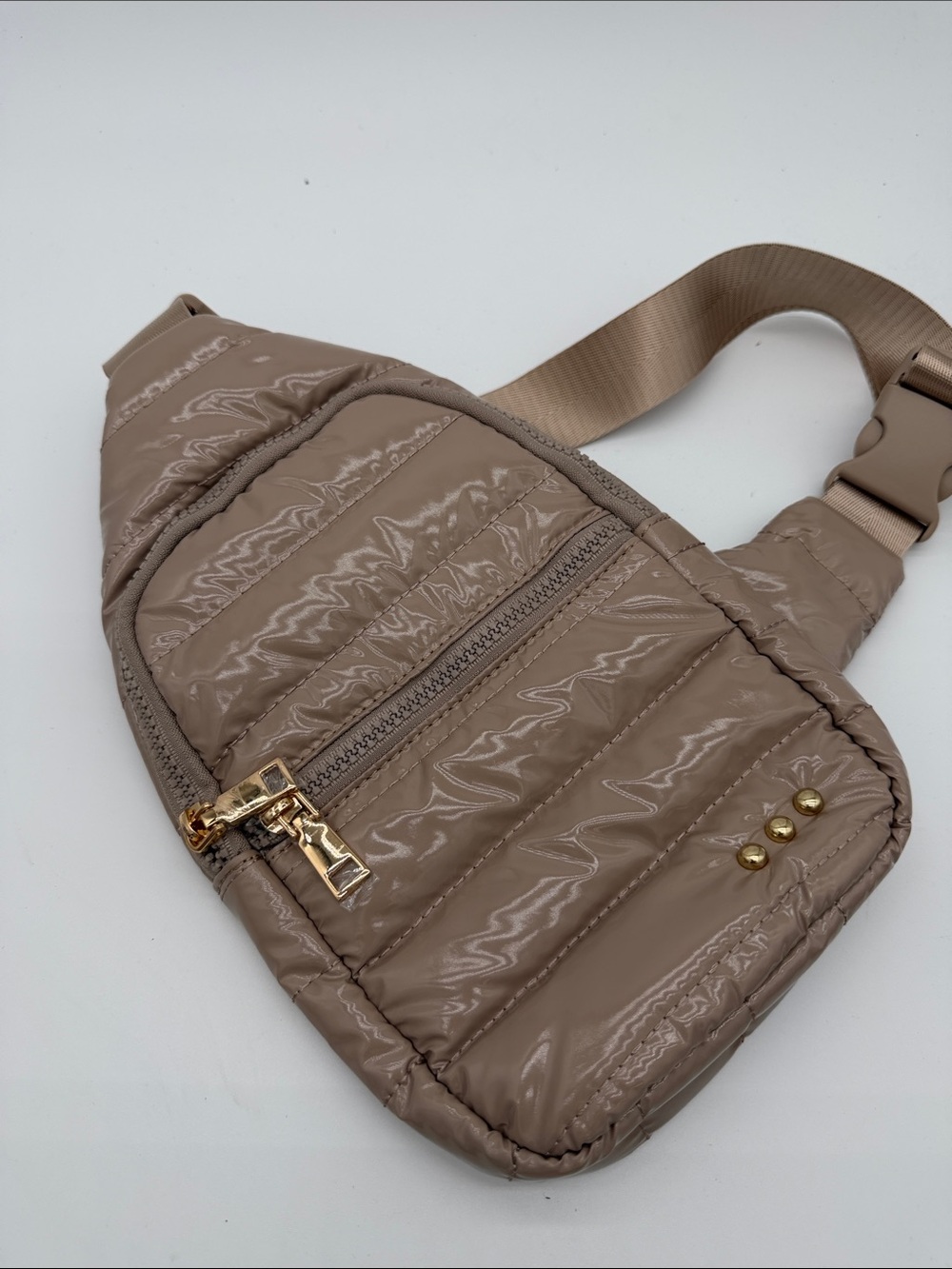 Taupe Quilted Crossbody Sling Bag with Gold Hardware